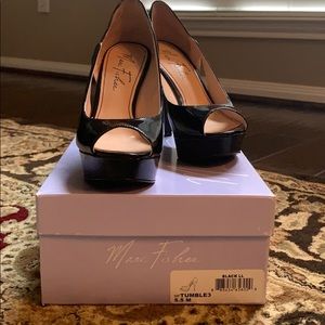 Marc Fisher black patent open toe pumps
